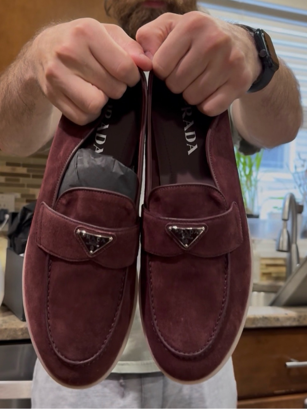 Men’s Prada Burgundy Suede Logo Penny Loafers NWT - Picture 2 of 4